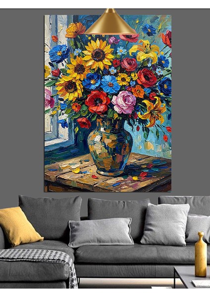 Renkli Çiçeklerin Olduğu Vazo Natürmort Dekoratif Kanvas - Mdf Ahşap Tablo fiyatları
