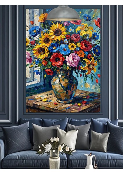 Renkli Çiçeklerin Olduğu Vazo Natürmort Dekoratif Kanvas - Mdf Ahşap Tablo modelleri