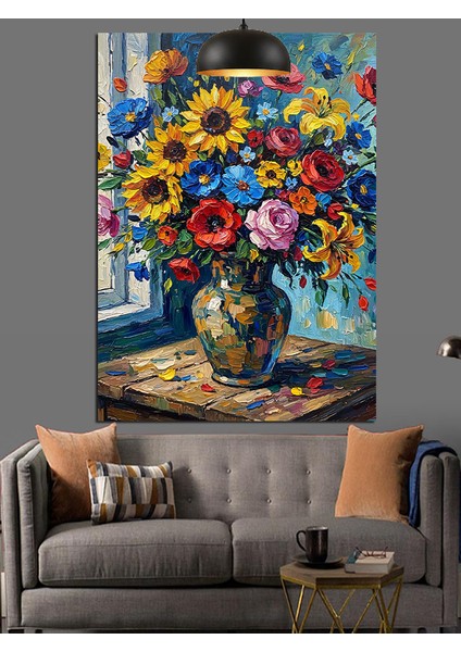 Renkli Çiçeklerin Olduğu Vazo Natürmort Dekoratif Kanvas - Mdf Ahşap Tablo fırsatları