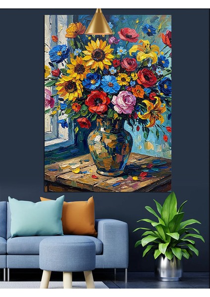 Renkli Çiçeklerin Olduğu Vazo Natürmort Dekoratif Kanvas - Mdf Ahşap Tablo indirimleri