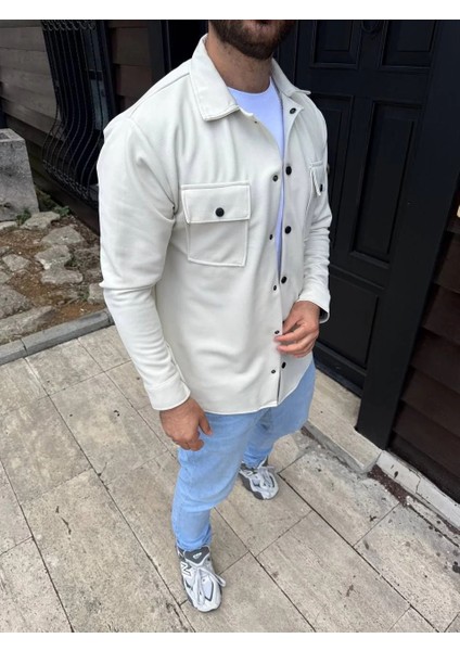 Erkek Diagonal Kumaş Cepli Çıtçıtlı Uzun Kollu, Gömlek Oversize Rahat Kalıp Günlük Şık Stil - Beyaz fiyatları