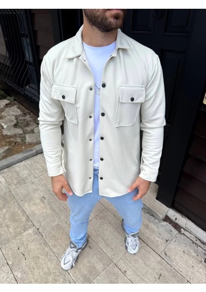 Erkek Diagonal Kumaş Cepli Çıtçıtlı Uzun Kollu, Gömlek Oversize Rahat Kalıp Günlük Şık Stil - Beyaz modelleri
