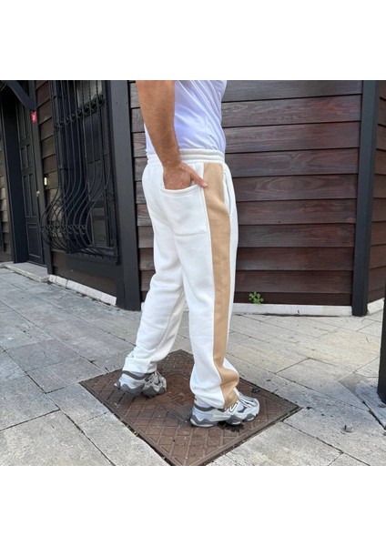 Erkek Üç Iplik Kışlık Pamuklu Yandan Garneli Kalın Bej Şeritli Cepli Eşofman Altı - Beyaz fırsatları