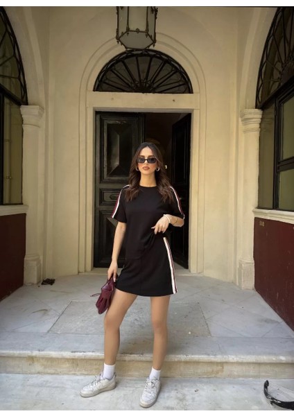 Osy Modal Yumuşak Dokulu Kumaş Kadın Parçalı Bisiklet Yaka T-Shirt Mini Şortlu Etek Ikili Takım - Siyah fiyatları