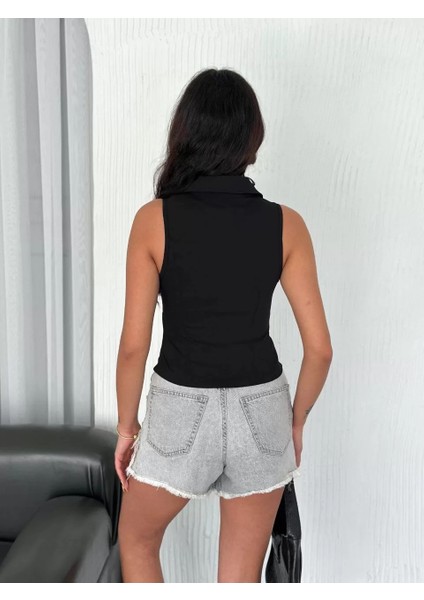 Yakalı Tam Fermuarlı Kolsuz Bluz - Siyah fiyatları