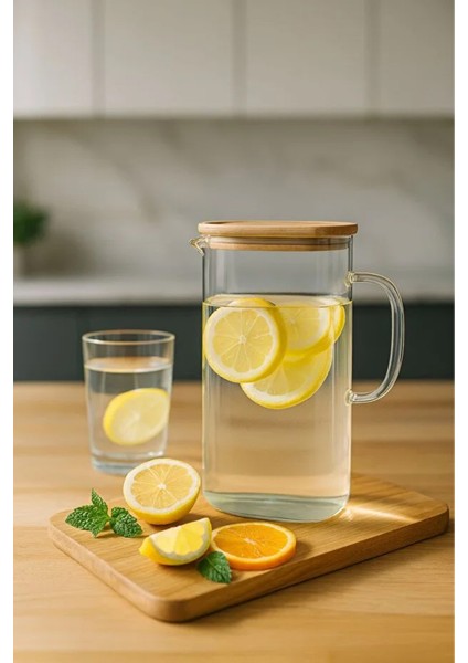 Zebria Buzdolabı Yan Rafa Uyumlu Dikdörtgen Cam Sürahi – Bambu Kapaklı 1500 ml