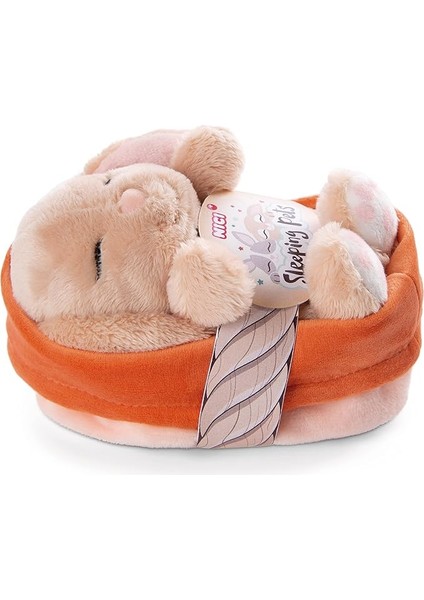 48708 Soft Toy Sleeping Pets Bunny Caramel In Peach Basket 12CM