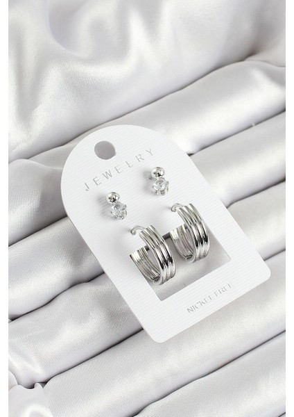 Pirinç Zirkon Taş Ve Halka Figürlü Gümüş Renk 3'lü Çift Kadın Küpe Set