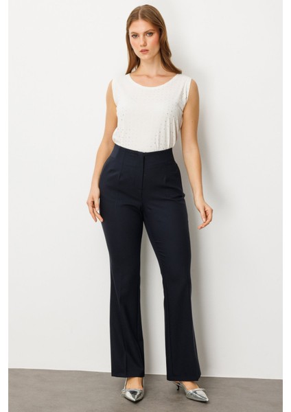 Kadın Büyük Beden Beli Kalın Lastikli Ispanyol Paça Pantolon 1107 Lacivert