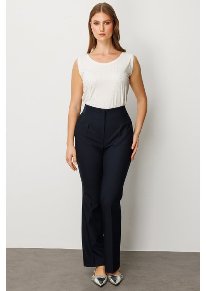 Kadın Büyük Beden Beli Kalın Lastikli Ispanyol Paça Pantolon 1107 Lacivert fiyatları
