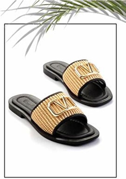 Kadın Hasır Terlik Bej ve Siyah Renk Seçenekleriyle Düz Topuk Konforu indirimleri