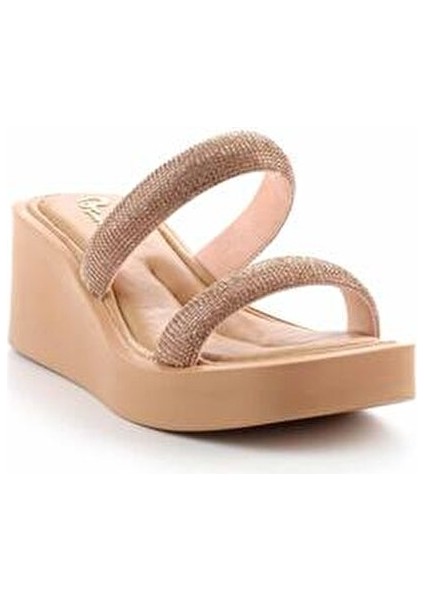 Kadın Terlik Suni Deri Yüksek Dolgu Topuklu Taşlı Günlük Kullanım İçin