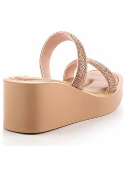 Kadın Terlik Suni Deri Yüksek Dolgu Topuklu Taşlı Günlük Kullanım İçin