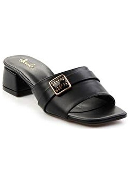 Kadın Terlik Siyah Renk Suni Deri Orta Topuklu Konforlu Kullanım İçin indirimleri