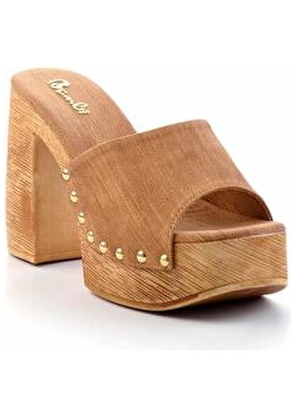 Kadın Taba Nubuk Terlik Suni Deri Malzemeden Yüksek Topuklu Konforlu