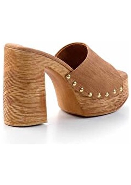 Kadın Taba Nubuk Terlik Suni Deri Malzemeden Yüksek Topuklu Konforlu