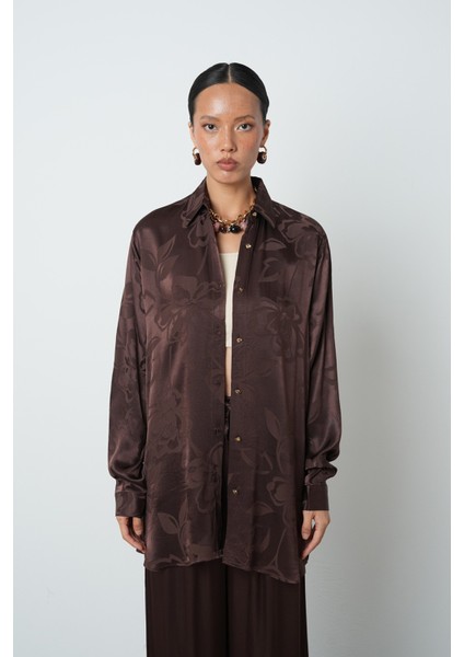 Kadın Kahverengi Desenli Oversize Tesettür Gömlek