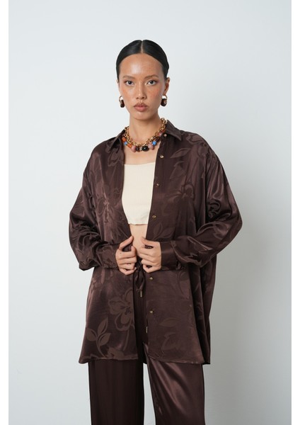 Kadın Kahverengi Desenli Oversize Tesettür Gömlek modelleri