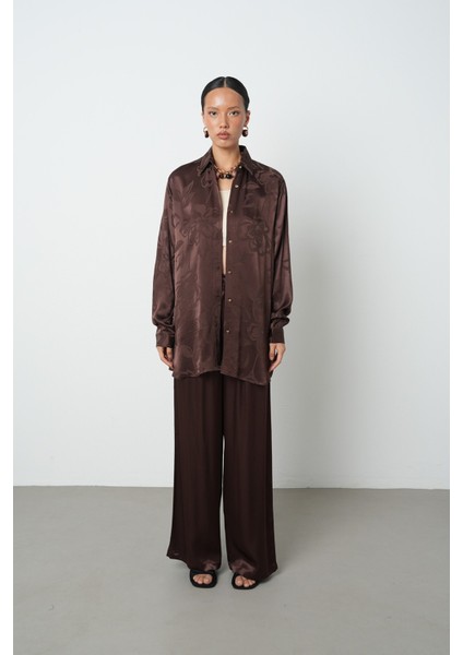 Kadın Kahverengi Desenli Oversize Tesettür Gömlek fırsatları