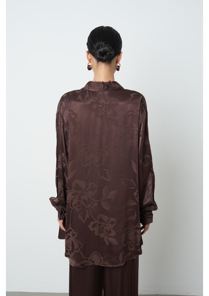 Kadın Kahverengi Desenli Oversize Tesettür Gömlek indirimleri