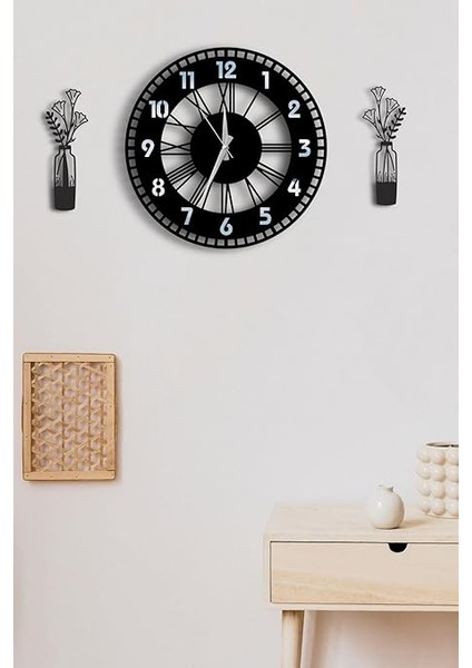 Modern Dekoratif Gümüş Aynalı Duvar Saati Vazo Desenli Tablo Seti - 48CM Yuvarlak Ahşap Pilli Saat Gümüş 48 x 48 fırsatları