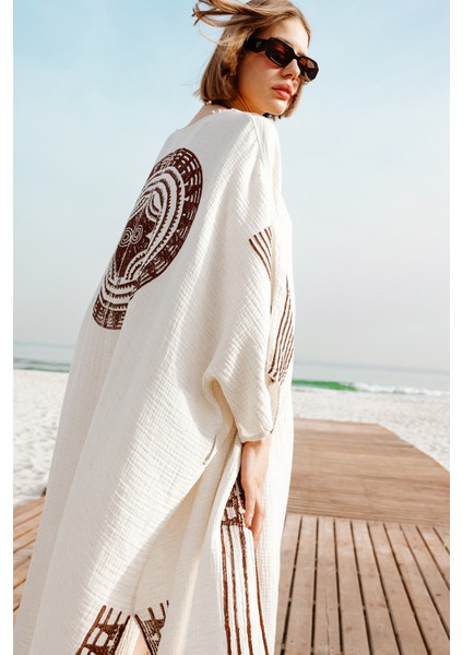 Crinkle Kahverengi Baskılı Kimono