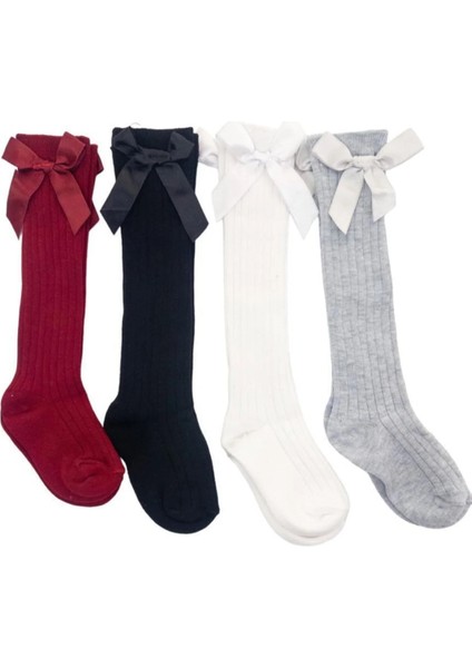 Anti-Bakteriyel Fiyonklu Kız Çocuk Diz Altı Çorap Seti 4'lü