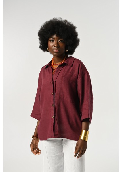 Kadın %100 Keten Truvakar Kollu Düz Renk Tek Cepli Gömlek