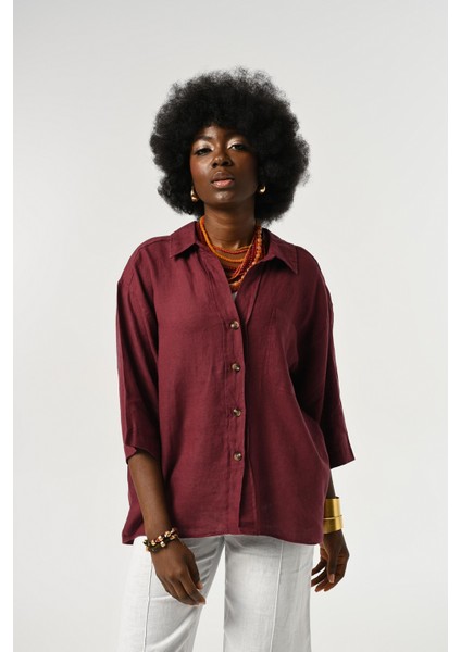 Kadın %100 Keten Truvakar Kollu Düz Renk Tek Cepli Gömlek fiyatları