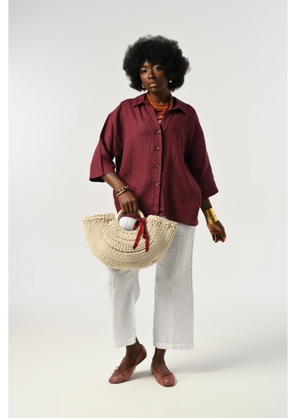 Kadın %100 Keten Truvakar Kollu Düz Renk Tek Cepli Gömlek fırsatları