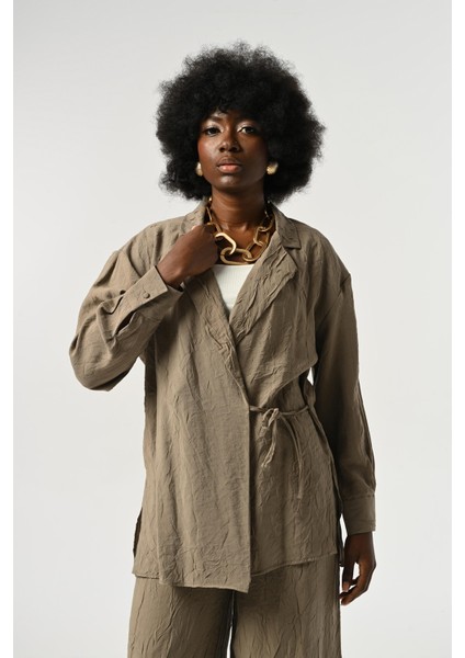 Kadın Belden Bağlamalı Kırışık Kumaş Düz Renk Gömlek modelleri