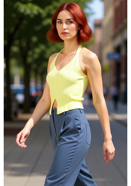 Kadın Ince Askılı Boyundan Bağlamalı Crop Triko Kaliteli Şık Rahat Modern Zarif