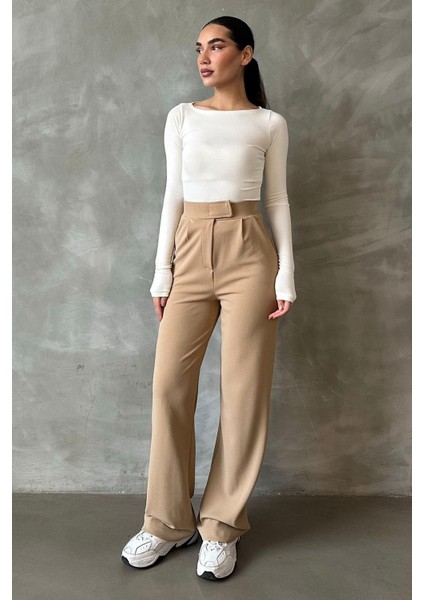 Bej Likralı Cırt Kapamalı Palazzo Pantolon MG2291