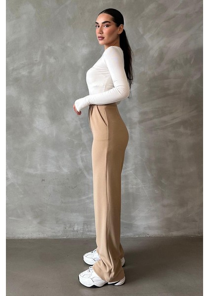Bej Likralı Cırt Kapamalı Palazzo Pantolon MG2291 modelleri