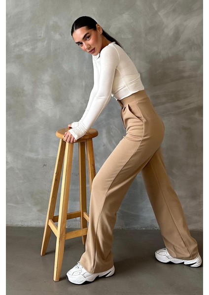 Bej Likralı Cırt Kapamalı Palazzo Pantolon MG2291 fırsatları