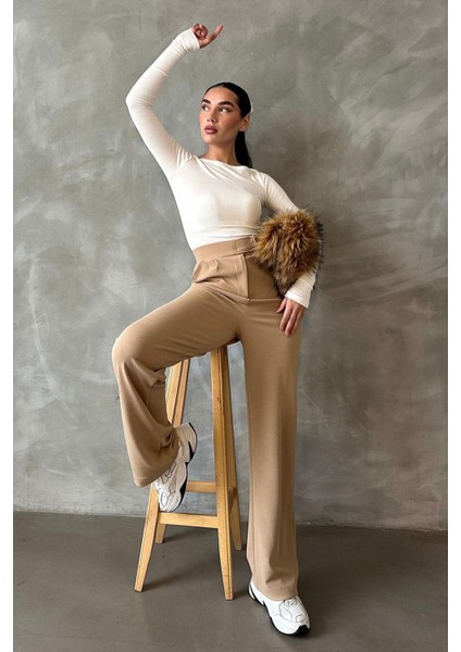 Bej Likralı Cırt Kapamalı Palazzo Pantolon MG2291 indirimleri