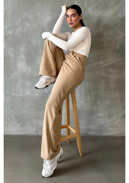 Bej Likralı Cırt Kapamalı Palazzo Pantolon MG2291