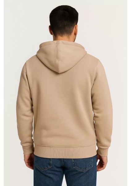 Erkek Üç Iplik Kapüşonlu Tam Fermuarlı Kanguru Çepli Sweatshirt Hoodie - Bej fiyatları