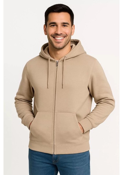Erkek Üç Iplik Kapüşonlu Tam Fermuarlı Kanguru Çepli Sweatshirt Hoodie - Bej fırsatları