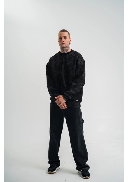 Unisex Bisiklet Yaka Özel Pis Dikişli Yıkamalı Sweatshirt - Siyah