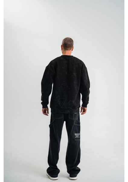 Unisex Bisiklet Yaka Özel Pis Dikişli Yıkamalı Sweatshirt - Siyah modelleri