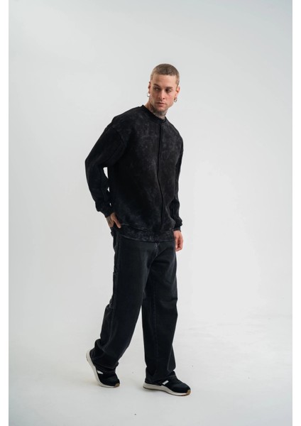 Unisex Bisiklet Yaka Özel Pis Dikişli Yıkamalı Sweatshirt - Siyah fırsatları