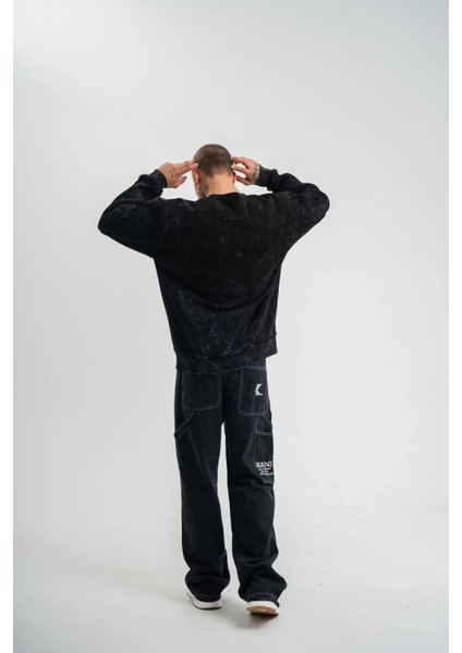 Unisex Bisiklet Yaka Özel Pis Dikişli Yıkamalı Sweatshirt - Siyah indirimleri