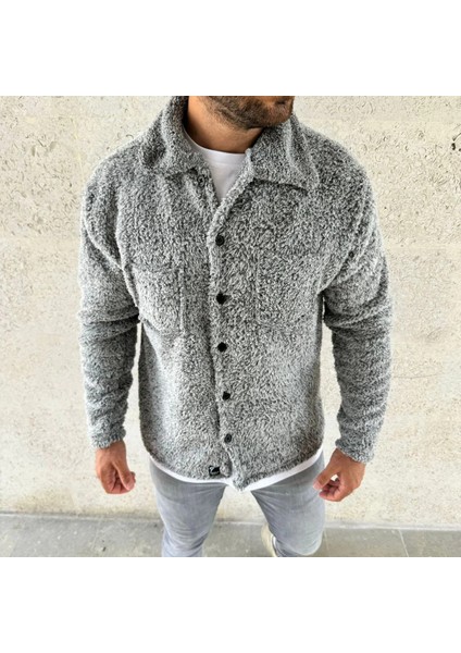 Erkek Pelüş Polar Hırka Gömlek – Yakalı, Ilik Düğmeli, Göğüs Cepli, Yumuşak Dokulu Kışlık Regular Fit Rahat Günlük Model - Gri modelleri