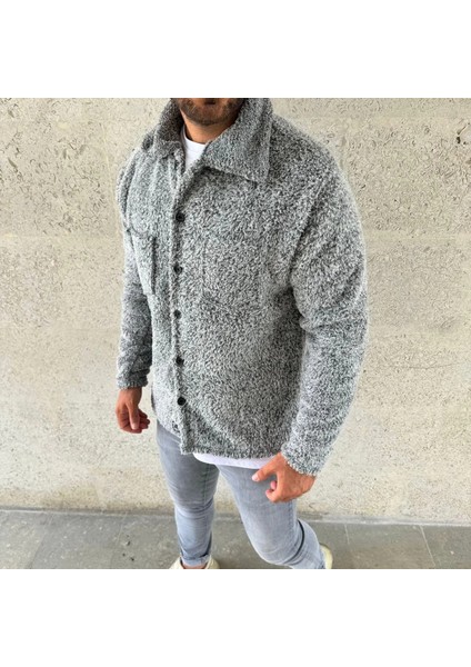 Erkek Pelüş Polar Hırka Gömlek – Yakalı, Ilik Düğmeli, Göğüs Cepli, Yumuşak Dokulu Kışlık Regular Fit Rahat Günlük Model - Gri fırsatları
