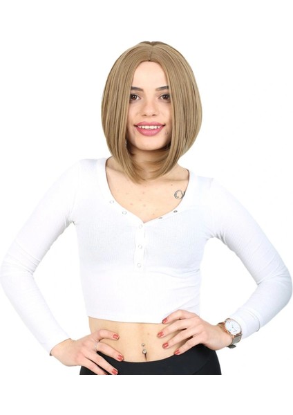 Kahkülsüz Düz Kısa Fiber Sentetik Peruk - Bebek Kumralı