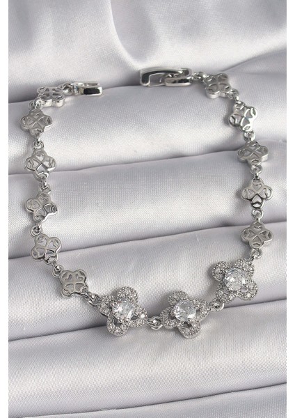 Pirinç Gümüş Renk Zirkon Taşlı Yonca Model Kadın Bileklik