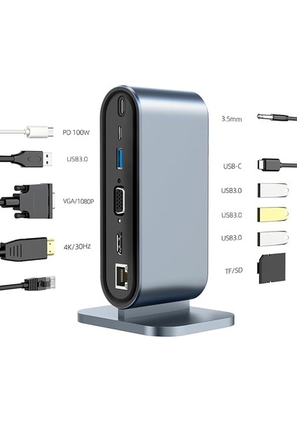 MT53 Type-C USB Adaptör Hub 12IN1 4K HDMI VGA 4AD USB 3.0 RJ45 100MBPS Sd Kart Okuyucu 3.5mm Ses 100W Pd Telefon Hızlı Şarj Aleti