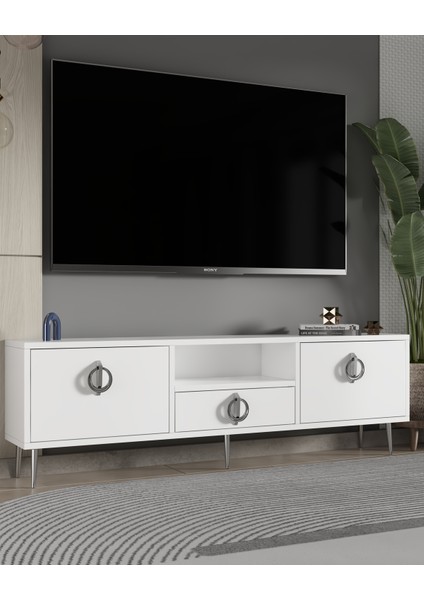 1319DROPDD-32 Tv Sehpası-Beyaz-Gümüş
