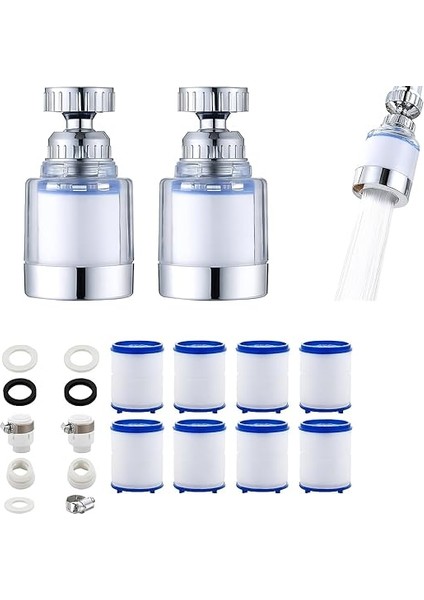 Adet Filtreli Musluk Başlığı Seti – 360° Döner Su Tasarruf Başlığı, 8 Yedek Filtreli, Kireç Önleyici, Tazyikli Akış, Universal Uyumlu Musluk Aparatı – Mutfak ve Lavabo Için